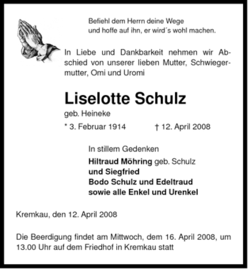 Traueranzeige von Liselotte Schulz von ALLGEMEINE ZEITUNG UELZEN