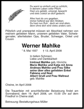 Traueranzeige von Werner Mahlke von ALLGEMEINE ZEITUNG UELZEN