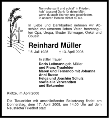 Traueranzeige von Reinhard Müller von ALLGEMEINE ZEITUNG UELZEN