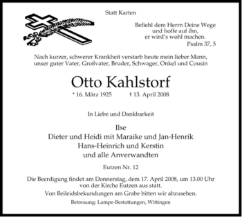 Traueranzeige von Otto Kahlstorf von ALLGEMEINE ZEITUNG UELZEN