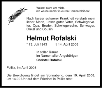 Traueranzeige von Helmut Rofalski von ALLGEMEINE ZEITUNG UELZEN