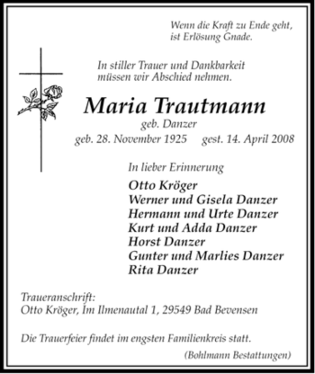 Traueranzeige von Maria Trautmann von ALLGEMEINE ZEITUNG UELZEN