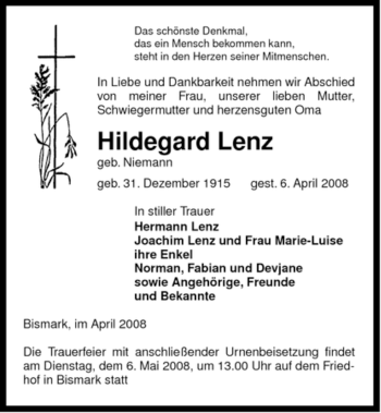 Traueranzeige von Hildegard Lenz von ALLGEMEINE ZEITUNG UELZEN