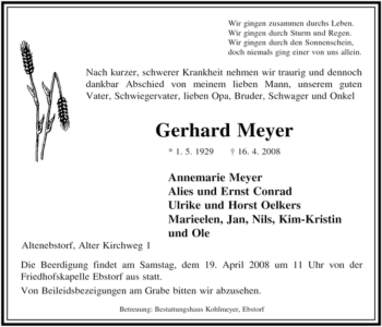 Traueranzeige von Gerhard Meyer von ALLGEMEINE ZEITUNG UELZEN