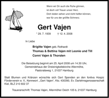 Traueranzeige von Gert Vajen von ALLGEMEINE ZEITUNG UELZEN