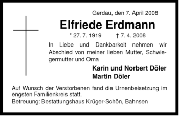 Traueranzeige von Elfriede Erdmann von ALLGEMEINE ZEITUNG UELZEN