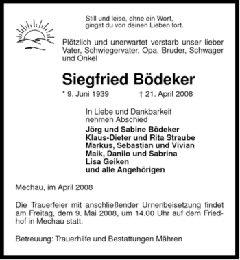 Traueranzeige von Siegfried Bödeker von ALLGEMEINE ZEITUNG UELZEN