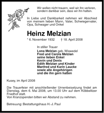 Traueranzeige von Heinz Melzian von ALLGEMEINE ZEITUNG UELZEN