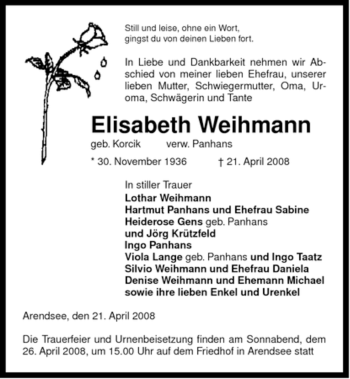 Traueranzeige von Elisabeth Weihmann von ALLGEMEINE ZEITUNG UELZEN