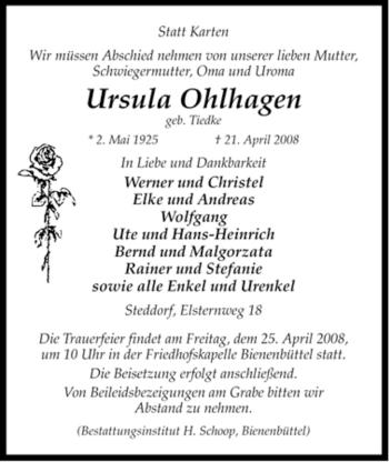 Traueranzeige von Ursula Ohlhagen von ALLGEMEINE ZEITUNG UELZEN