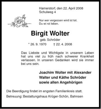 Traueranzeige von Birgit Wolter von ALLGEMEINE ZEITUNG UELZEN