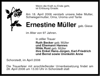 Traueranzeige von Ernestine Müller von ALLGEMEINE ZEITUNG UELZEN