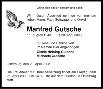 Traueranzeige von Manfred Gutsche von ALLGEMEINE ZEITUNG UELZEN