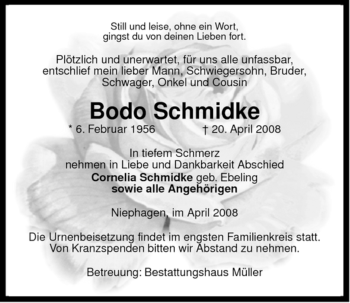 Traueranzeige von Bodo Schmidke von ALLGEMEINE ZEITUNG UELZEN