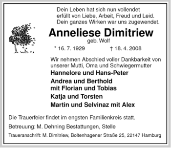 Traueranzeige von Anneliese Dimitriew von ALLGEMEINE ZEITUNG UELZEN