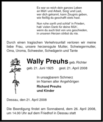 Traueranzeige von Wally Preuhs von ALLGEMEINE ZEITUNG UELZEN