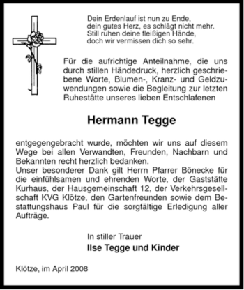 Traueranzeige von Hermann Tegge von ALLGEMEINE ZEITUNG UELZEN