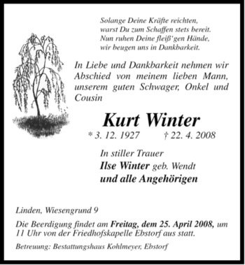 Traueranzeige von Kurt Winter von ALLGEMEINE ZEITUNG UELZEN