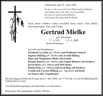 Traueranzeige von Gertrud Mielke von ALLGEMEINE ZEITUNG UELZEN