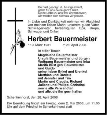 Traueranzeige von Herbert Bauermeister von ALLGEMEINE ZEITUNG UELZEN