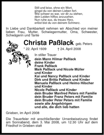 Traueranzeige von Christa Paßlack von ALLGEMEINE ZEITUNG UELZEN