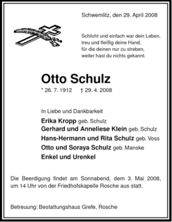 Traueranzeige von Otto Schulz von ALLGEMEINE ZEITUNG UELZEN