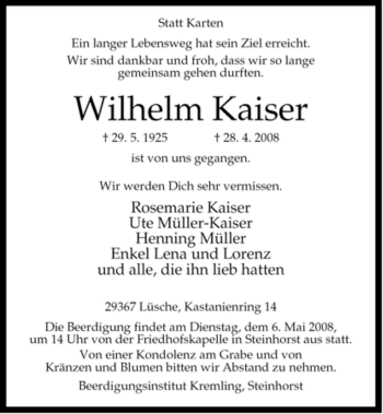 Traueranzeige von Wilhelm Kaiser von ALLGEMEINE ZEITUNG UELZEN