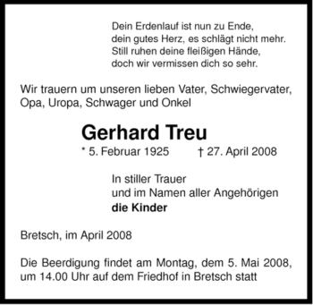 Traueranzeige von Gerhard Treu von ALLGEMEINE ZEITUNG UELZEN