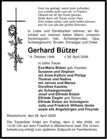 Traueranzeige von Gerhard Bützer von ALLGEMEINE ZEITUNG UELZEN