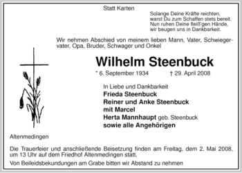 Traueranzeige von Wilhelm Steenbuck von ALLGEMEINE ZEITUNG UELZEN