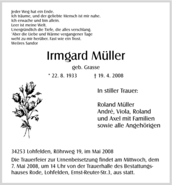 Traueranzeige von Irmgard Müller von ALLGEMEINE ZEITUNG UELZEN