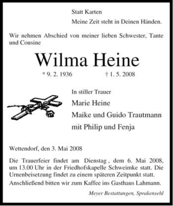 Traueranzeige von Wilma Heine von ALLGEMEINE ZEITUNG UELZEN