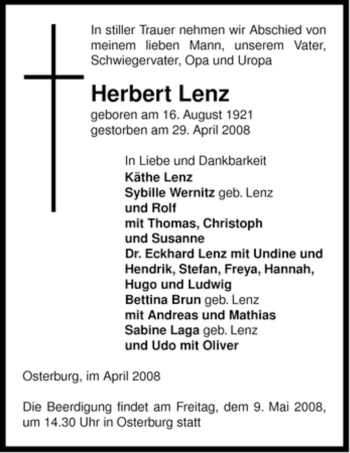 Traueranzeige von Herbert Lenz von ALLGEMEINE ZEITUNG UELZEN