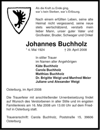 Traueranzeige von Johannes Buchholz von ALLGEMEINE ZEITUNG UELZEN