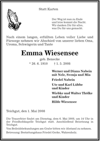 Traueranzeige von Emma Wiesensee von ALLGEMEINE ZEITUNG UELZEN