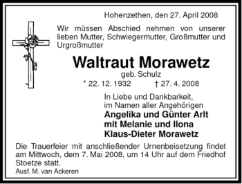 Traueranzeige von Waltraut Morawetz von ALLGEMEINE ZEITUNG UELZEN