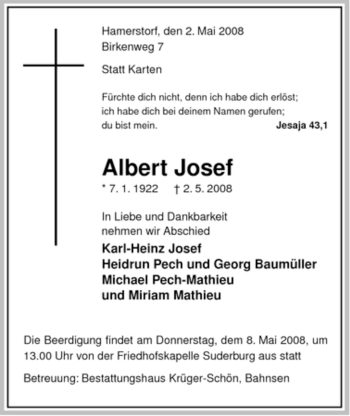 Traueranzeige von Albert Josef von ALLGEMEINE ZEITUNG UELZEN