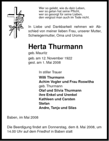 Traueranzeige von Herta Thurmann von ALLGEMEINE ZEITUNG UELZEN