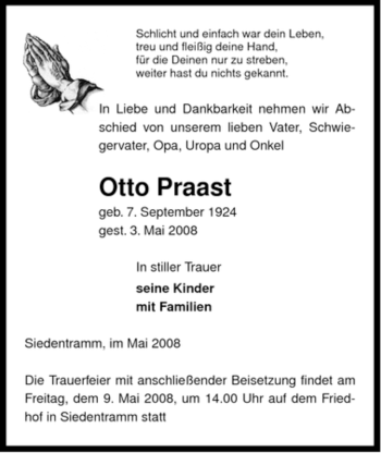 Traueranzeige von Otto Praast von ALLGEMEINE ZEITUNG UELZEN