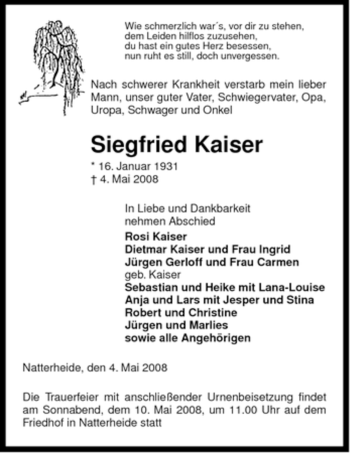 Traueranzeige von Siegfried Kaiser von ALLGEMEINE ZEITUNG UELZEN