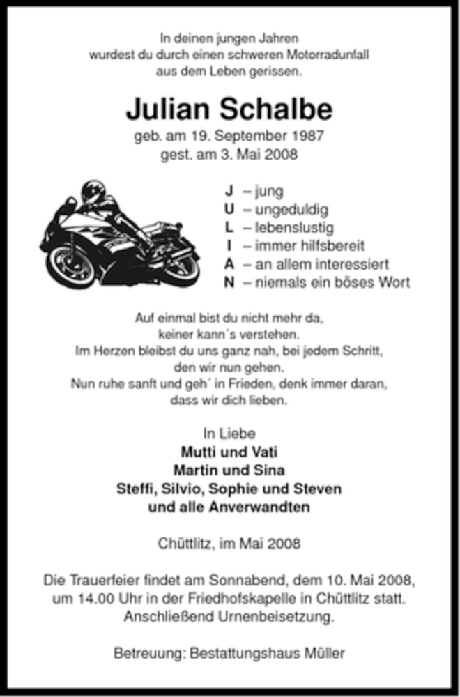  Traueranzeige für Julian Schalbe vom 06.05.2008 aus ALLGEMEINE ZEITUNG UELZEN