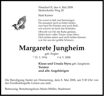 Traueranzeige von Margarete Jungheim von ALLGEMEINE ZEITUNG UELZEN