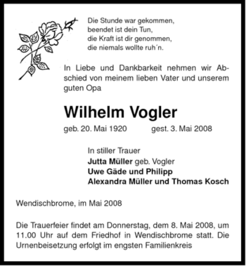 Traueranzeige von Wilhelm Vogler von ALLGEMEINE ZEITUNG UELZEN