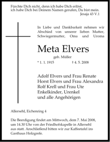 Traueranzeige von Meta Elvers von ALLGEMEINE ZEITUNG UELZEN