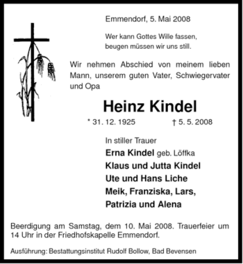 Traueranzeige von Heinz Kindel von ALLGEMEINE ZEITUNG UELZEN