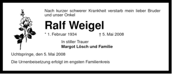 Traueranzeige von Ralf Weigel von ALLGEMEINE ZEITUNG UELZEN