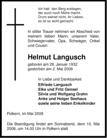 Traueranzeige von Helmut Langusch von ALLGEMEINE ZEITUNG UELZEN