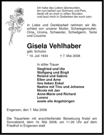 Traueranzeige von Gisela Vehlhaber von ALLGEMEINE ZEITUNG UELZEN