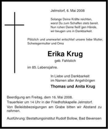 Traueranzeige von Erika Krug von ALLGEMEINE ZEITUNG UELZEN