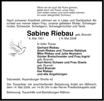 Traueranzeige von Sabine Riebau von ALLGEMEINE ZEITUNG UELZEN